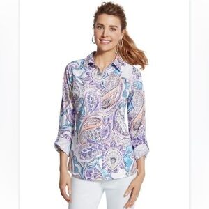 🦋 Chico’s Paisley Colorful Button Down Long Sleeve Blouse Size 1 US Medium 8